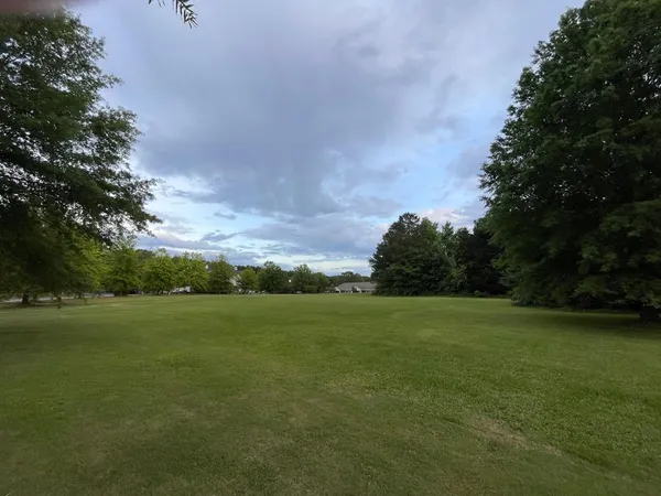a view of outdoor space with green field and trees all around
