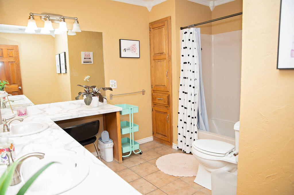 2917 Quail Ridge Road Denver City, TX 79323 - Photo 31 of 55 a bathroom with a sink a toilet and shower curtain