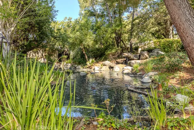 a view of a lake with lawn chairs