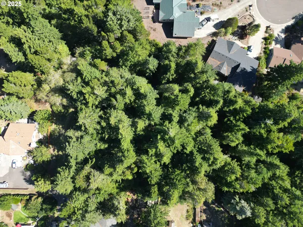an aerial view of residential house with outdoor space and trees all around