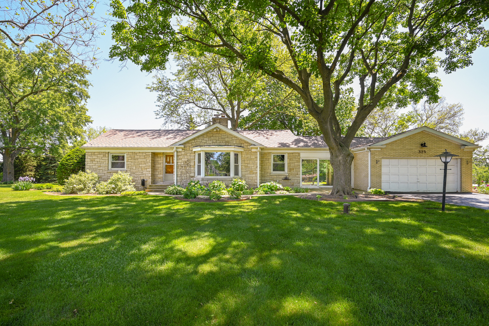 a front view of a house with a yard and trees