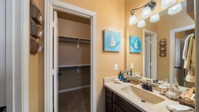 a bathroom with a sink vanity and a mirror