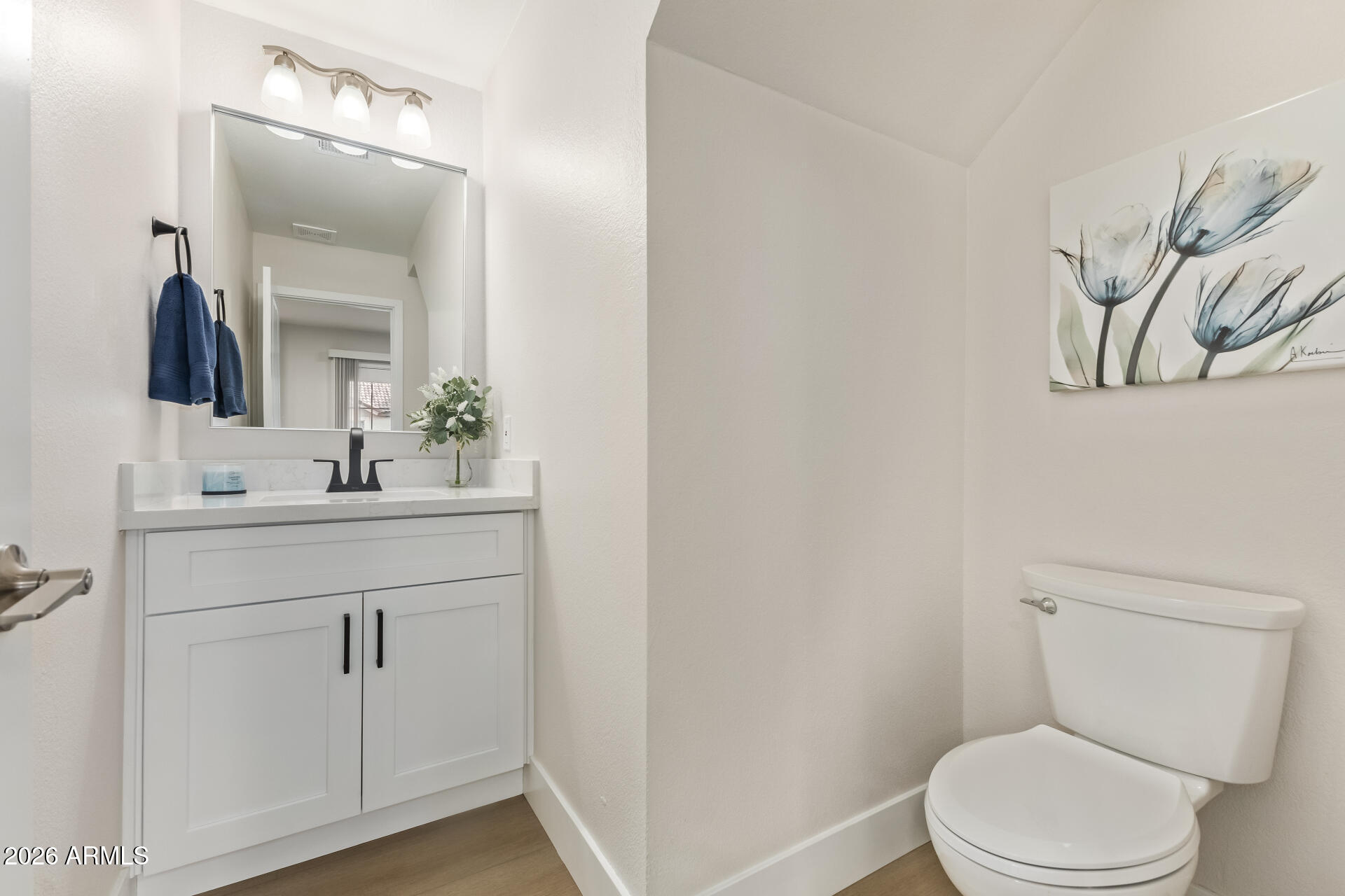 5808 East Brown Road, Unit 90 Mesa, AZ 85205 - Photo 14 of 29 a bathroom with a toilet a sink a vanity and mirror