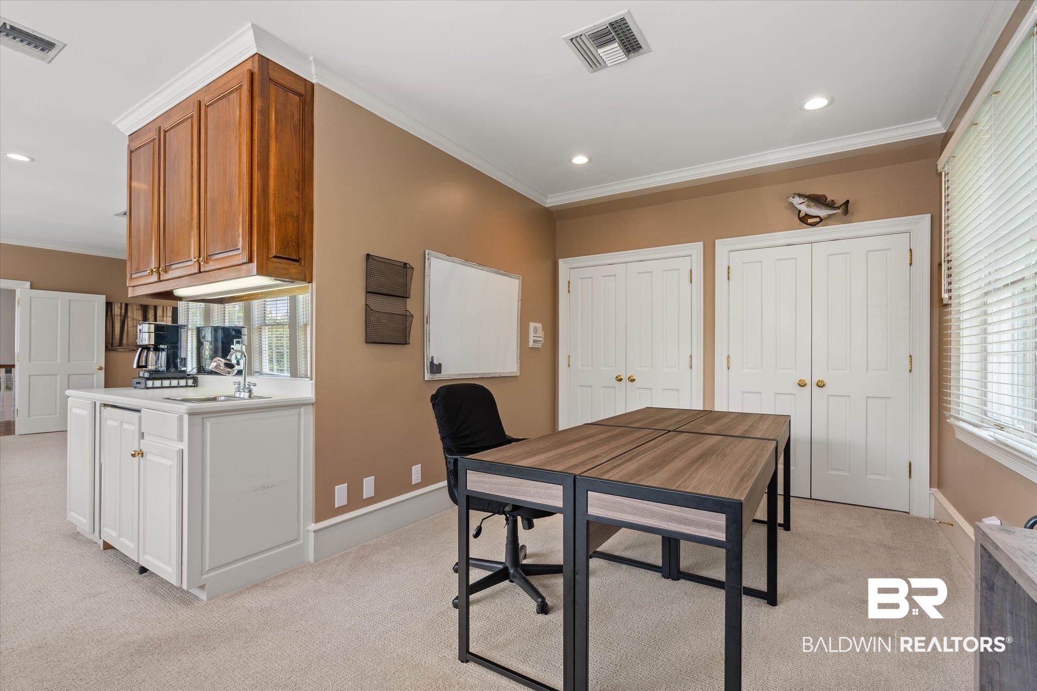 8561 Dawes Lake Road Mobile, AL 36619 - Photo 35 of 63 Dining space featuring light colored carpet, ornamental molding, an office area, and recessed lighting
