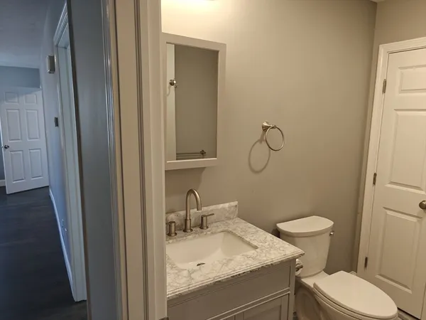 a bathroom with a granite countertop toilet sink and mirror