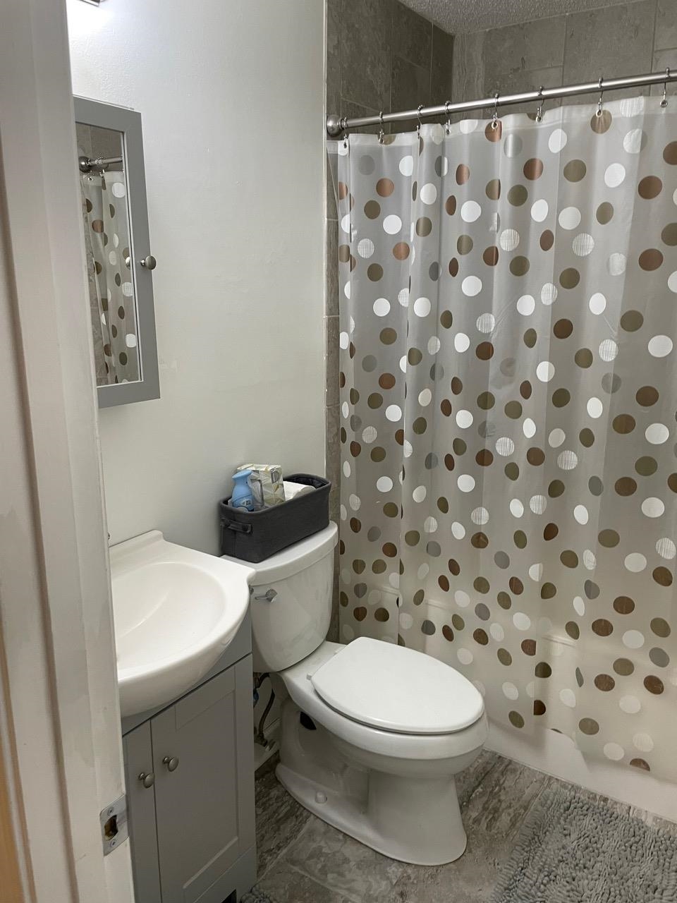 Full bathroom featuring vanity and curtained shower