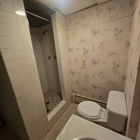 a bathroom with a toilet and a shower