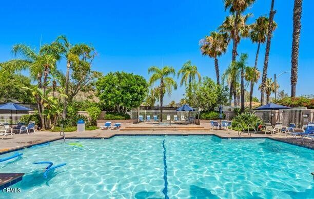 878 Calle La Primavera Glendale, CA 91208 - Photo 34 of 35 a view of a swimming pool with a lawn chairs under palm trees