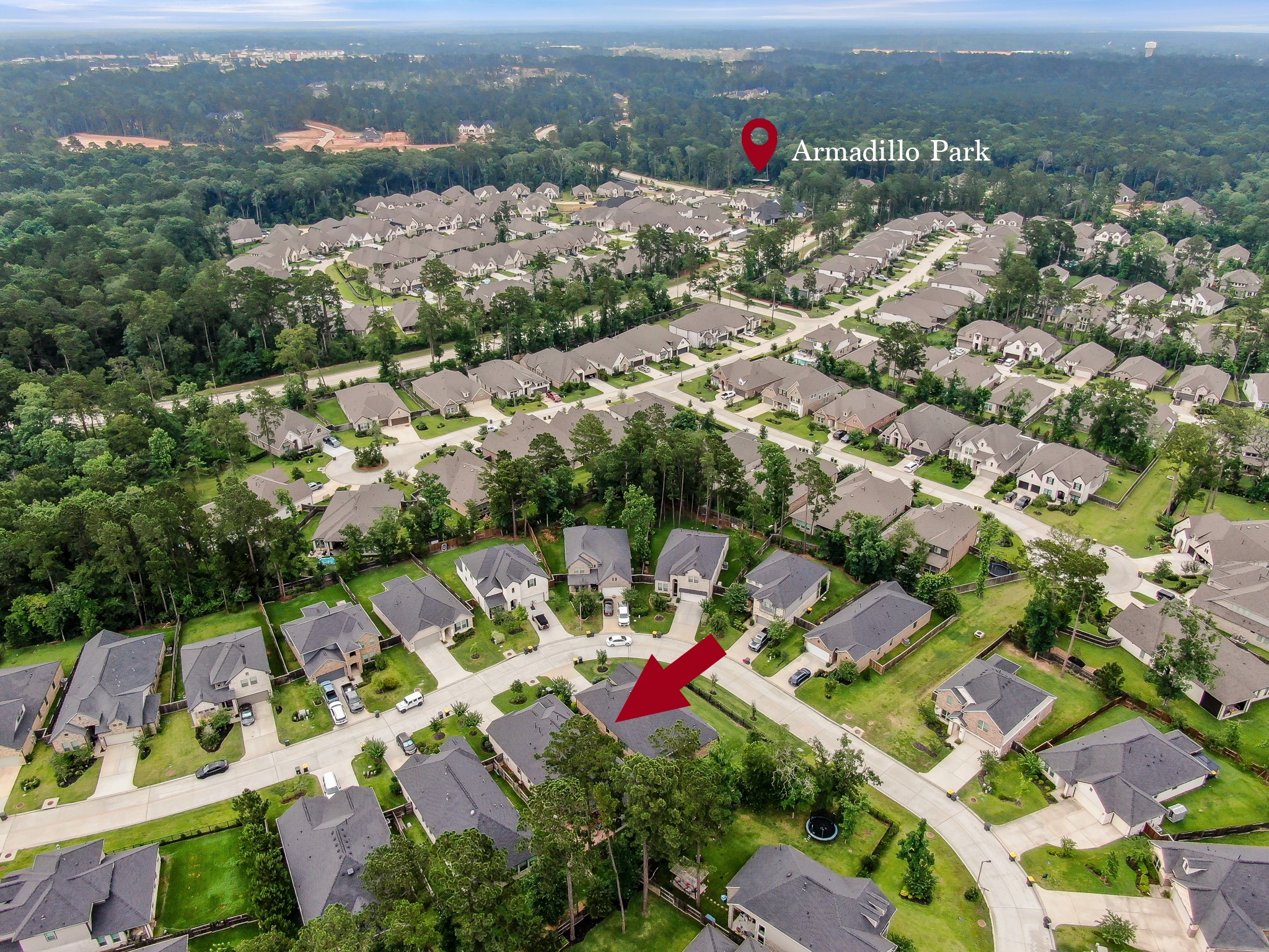 111 Yellow Perch Way Conroe, TX 77318 - Photo 25 of 35 Aerial view showcasing the property's proximity to Trailhead Ridge Park (Armadillo Park), one of the community's 20+ parks and recreation areas.