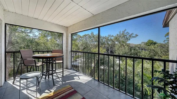 a balcony with furniture and a potted plant