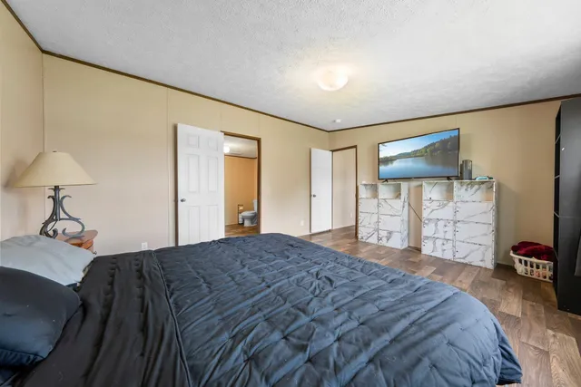 a bedroom with a bed and a closet