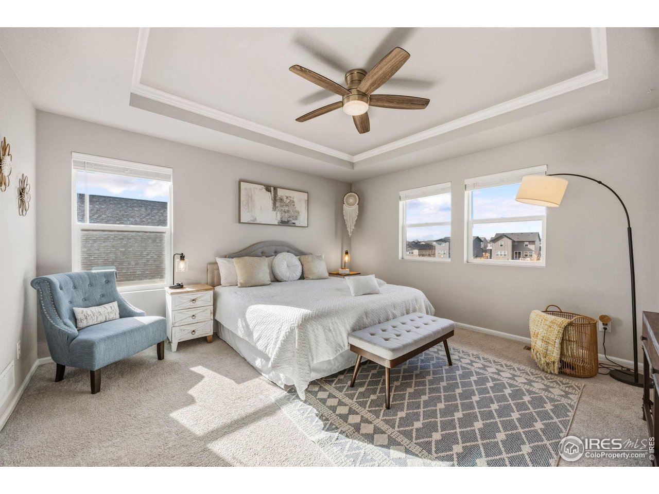 5247 Alberta Falls Street Timnath, CO 80547 - Photo 18 of 43 Light-filled primary bedroom with tray ceiling, ceiling fan, neutral finishes, and a serene, spacious layout