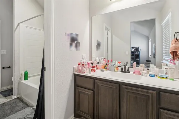 a bathroom with a sink and a mirror