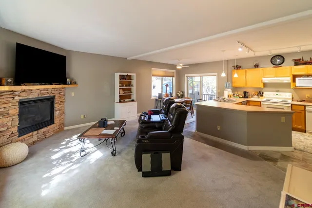 a living room with furniture a flat screen tv and a fireplace
