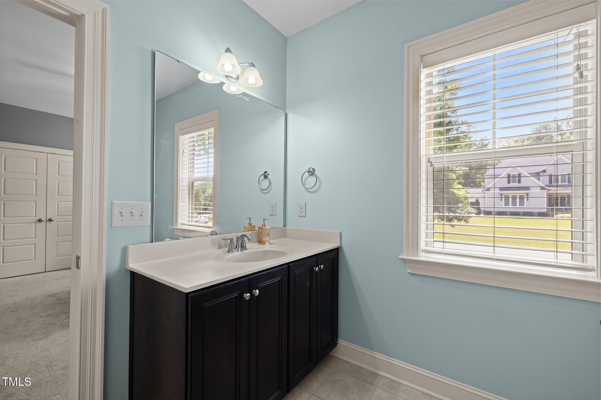 12216 Kyle Abbey Lane Raleigh, NC 27613 - Photo 20 of 60 a bathroom with a sink a vanity and a mirror