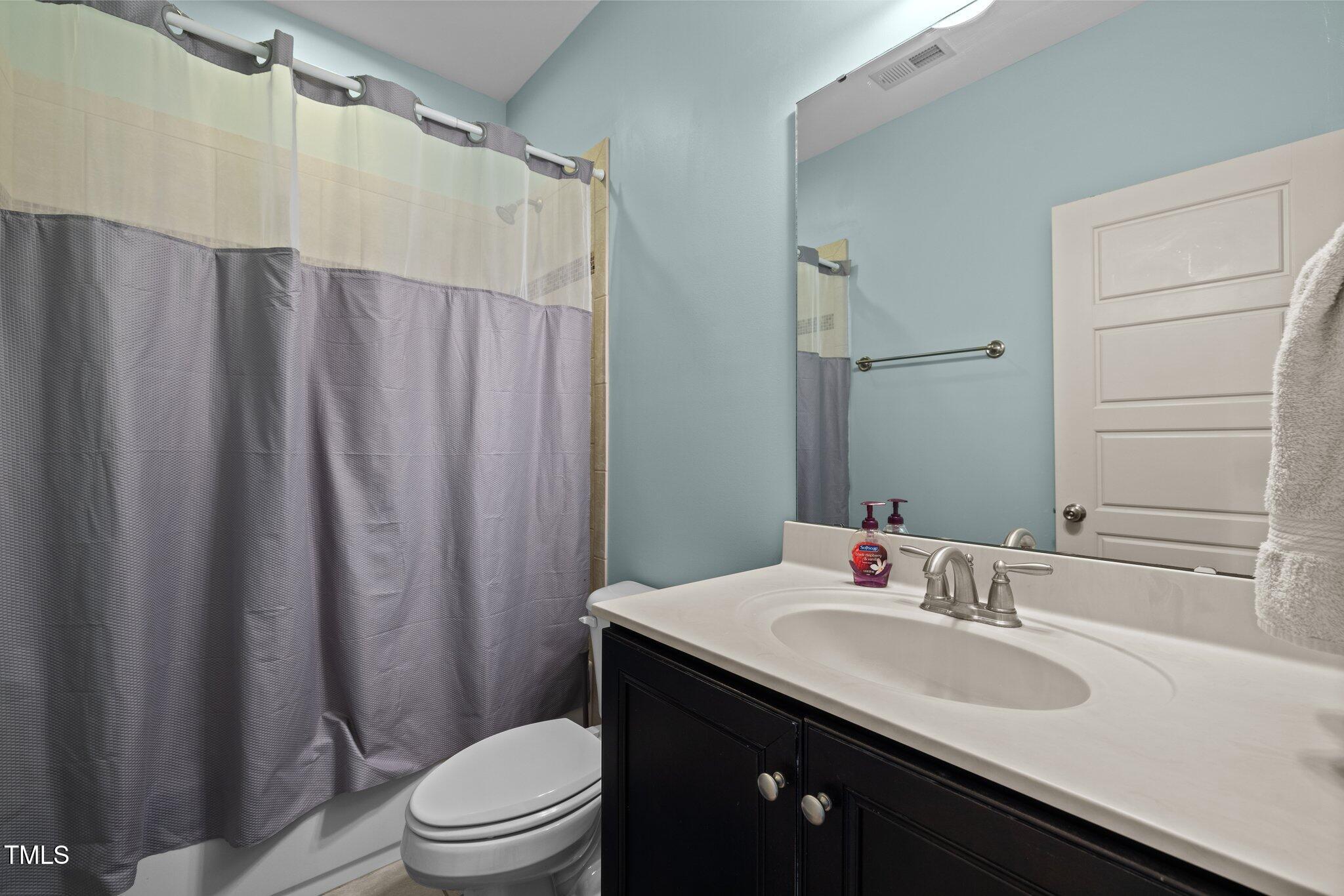 12216 Kyle Abbey Lane Raleigh, NC 27613 - Photo 22 of 60 a bathroom with a sink a toilet a mirror and shower curtain