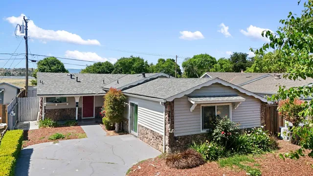 a aerial view of a house with a yard and potted plants