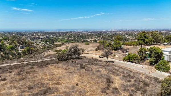 a view of a dry field with trees in the background