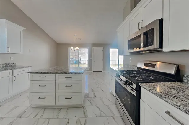 a kitchen with stainless steel appliances granite countertop a stove a sink and a microwave