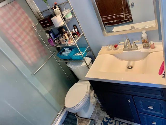 a bathroom with a sink mirror and toilet