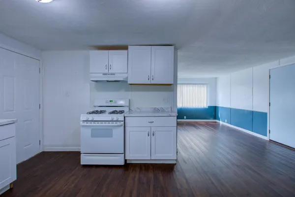 a view of a kitchen with wooden floor and cabinets