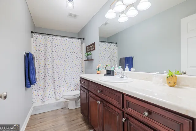 a bathroom with a sink a toilet and a large mirror