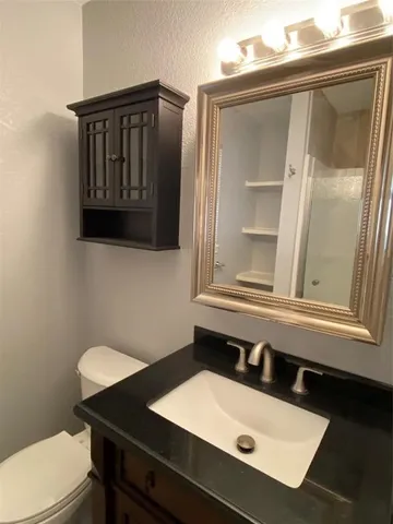 a bathroom with a sink a toilet and mirror