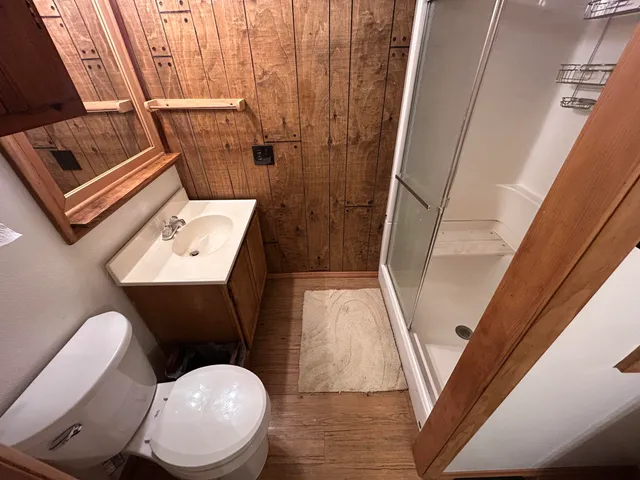 a bathroom with a toilet mirror and vanity