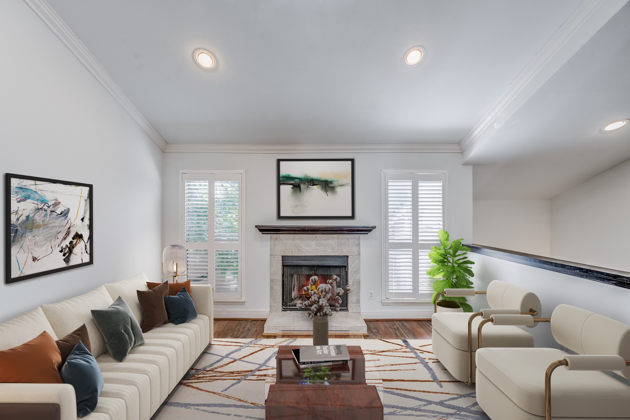 a living room with furniture fireplace and window