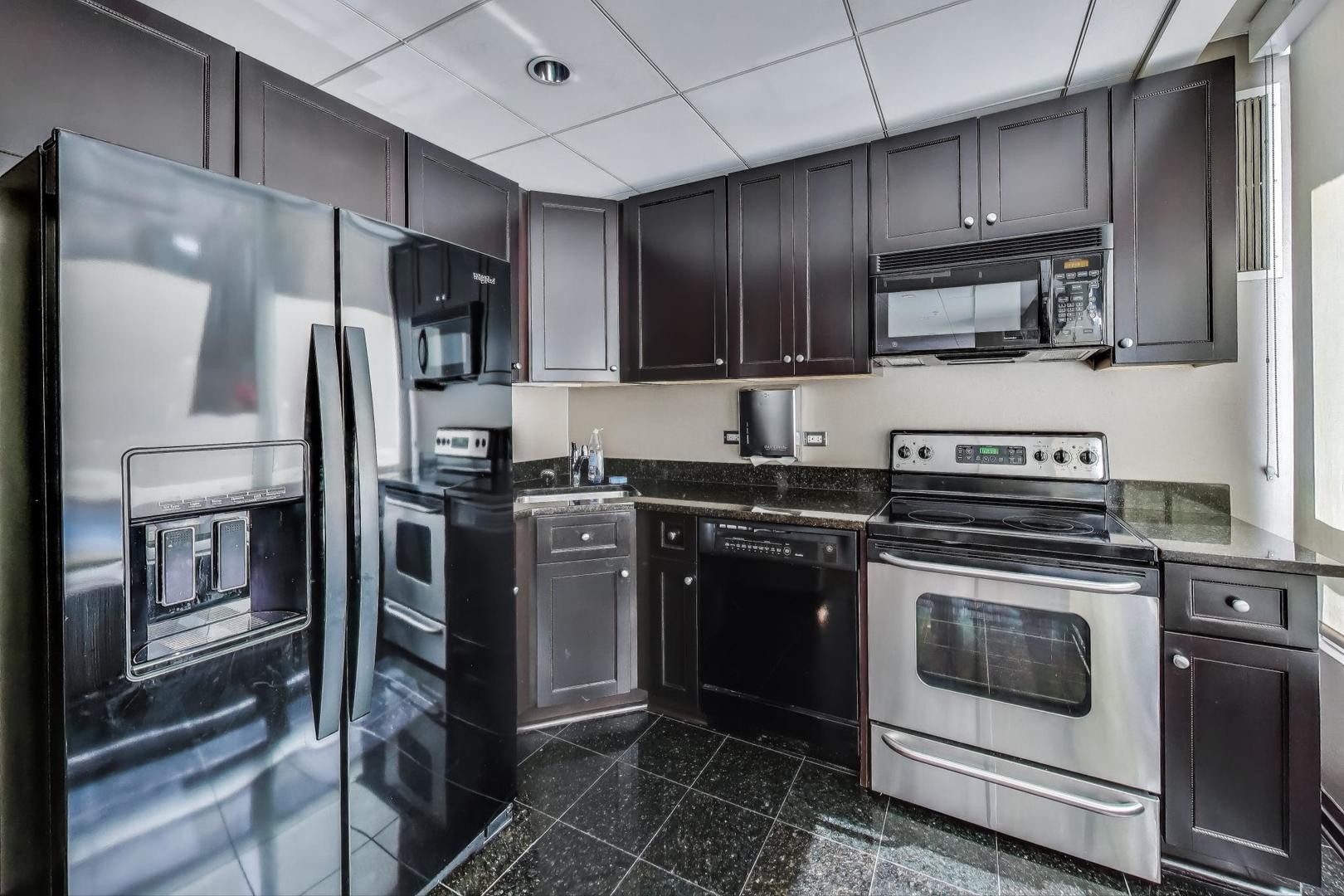 33 West Ontario Street, Unit 46C Chicago, IL 60654 - Photo 25 of 32 a kitchen with stainless steel appliances granite countertop a stove a refrigerator and a microwave