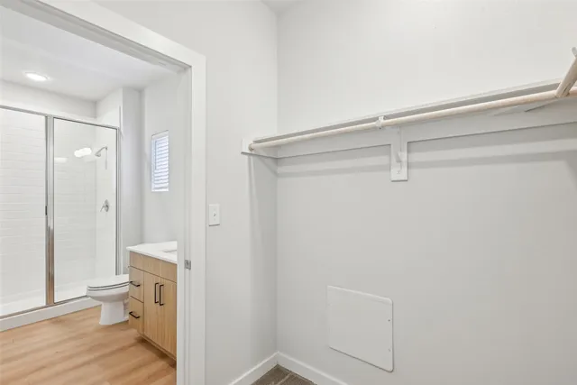a bathroom with a shower and a toilet