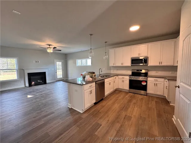 an empty room with windows fireplace and wooden floor