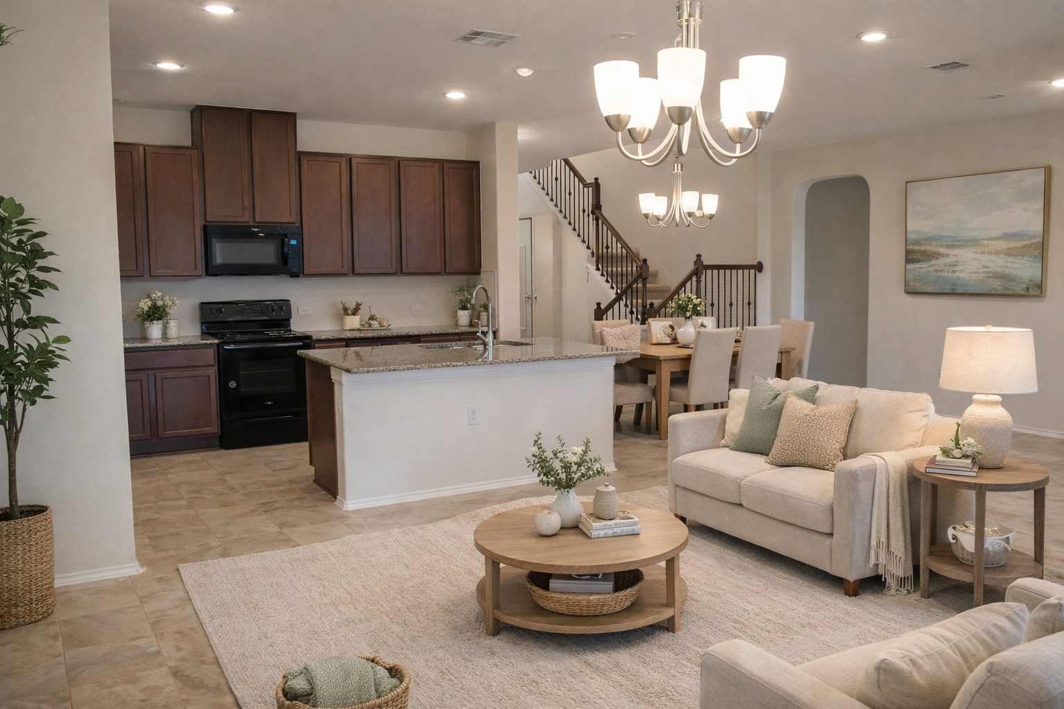 7820 Big Wind Way Austin, TX 78724 - Photo 5 of 37 Virtually Staged Picture of the Living room with recessed lighting, arched walkways, stairs, and a chandelier
