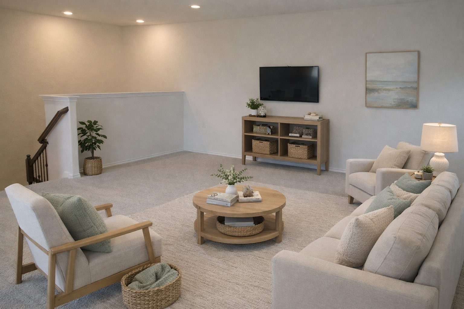 7820 Big Wind Way Austin, TX 78724 - Photo 9 of 37 Virtually Staged Picture of the second living area upstairs with recessed lighting and carpet floors