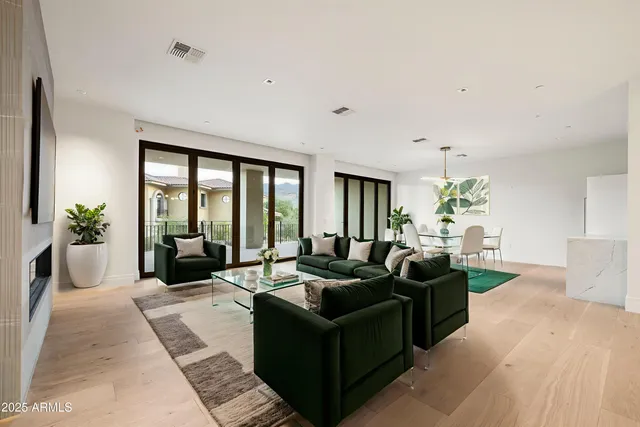 a living room with furniture potted plant and a large window
