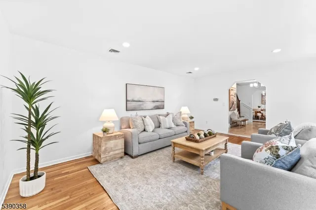 a living room with furniture and a potted plant