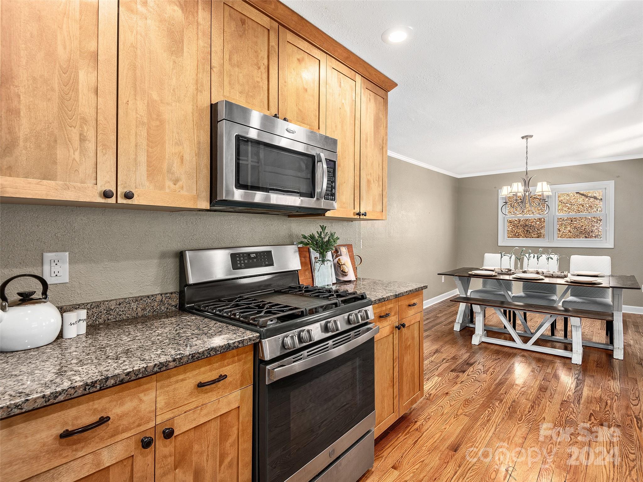 251 Jade Drive Clyde, NC 28721 - Photo 9 of 40 a kitchen with stainless steel appliances granite countertop a stove a sink and a microwave