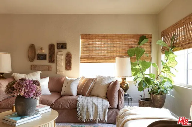 a living room with furniture and a potted plant