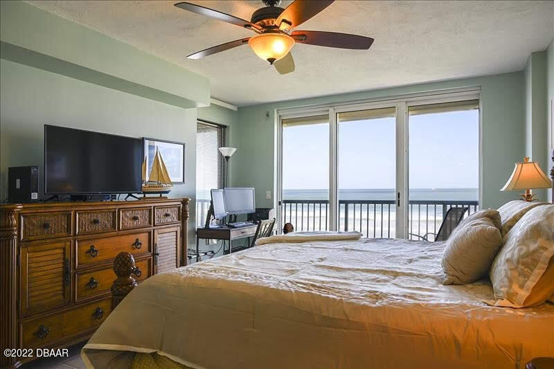 4555 South Atlantic Avenue, Unit 4207 Ponce Inlet, FL 32127 - Photo 15 of 33 a bedroom with a bed and a flat screen tv