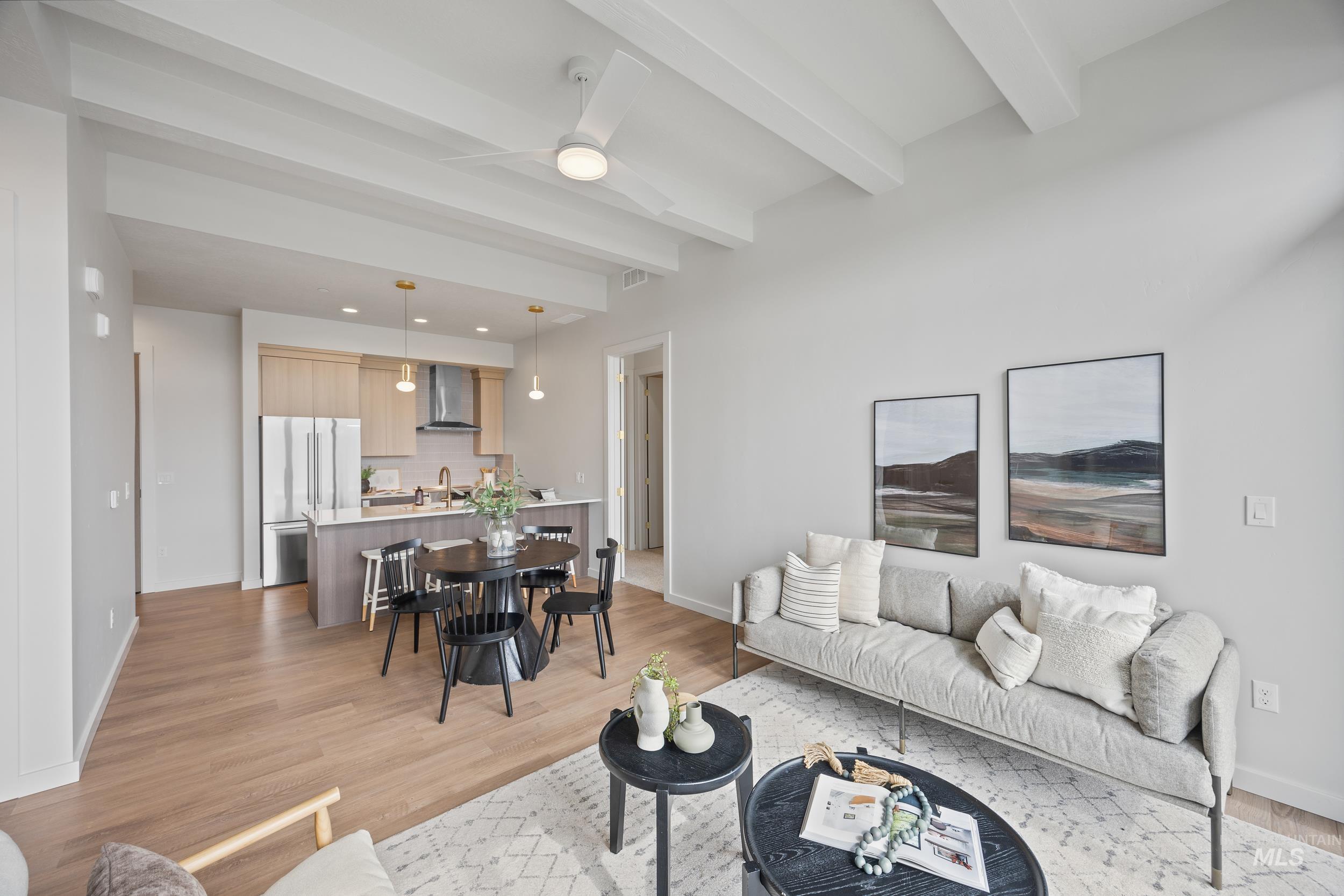 4340 East Haystack Street, Unit 305 Boise, ID 83716 - Photo 10 of 50 Living area with light wood finished floors, a ceiling fan, beam ceiling, and recessed lighting
