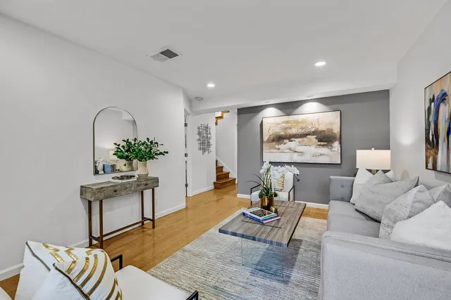 a living room with furniture and a potted plant