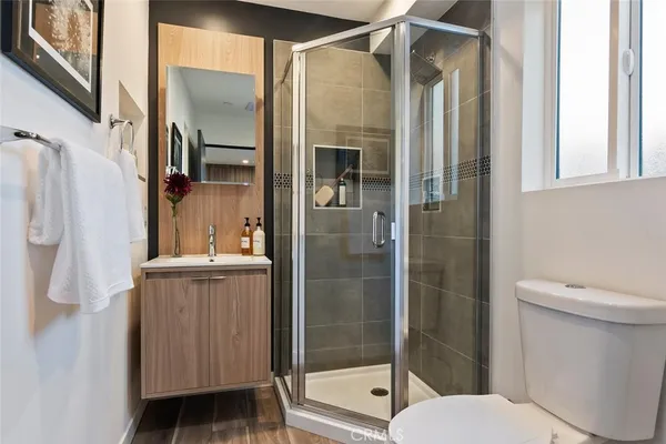 a bathroom with a shower and a toilet