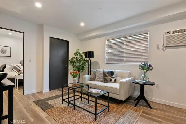 a living room with furniture and a potted plant