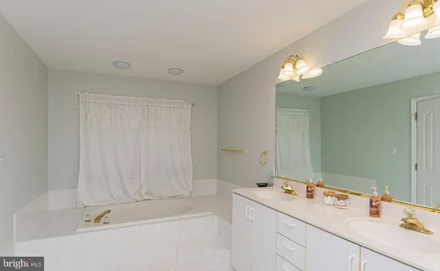 a bathroom with a sink double vanity and a mirror