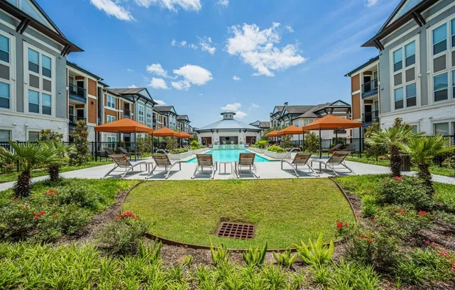 a view of a swimming pool with a garden and plants