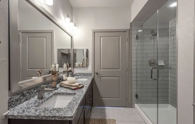 a bathroom with a granite countertop sink a mirror and shower
