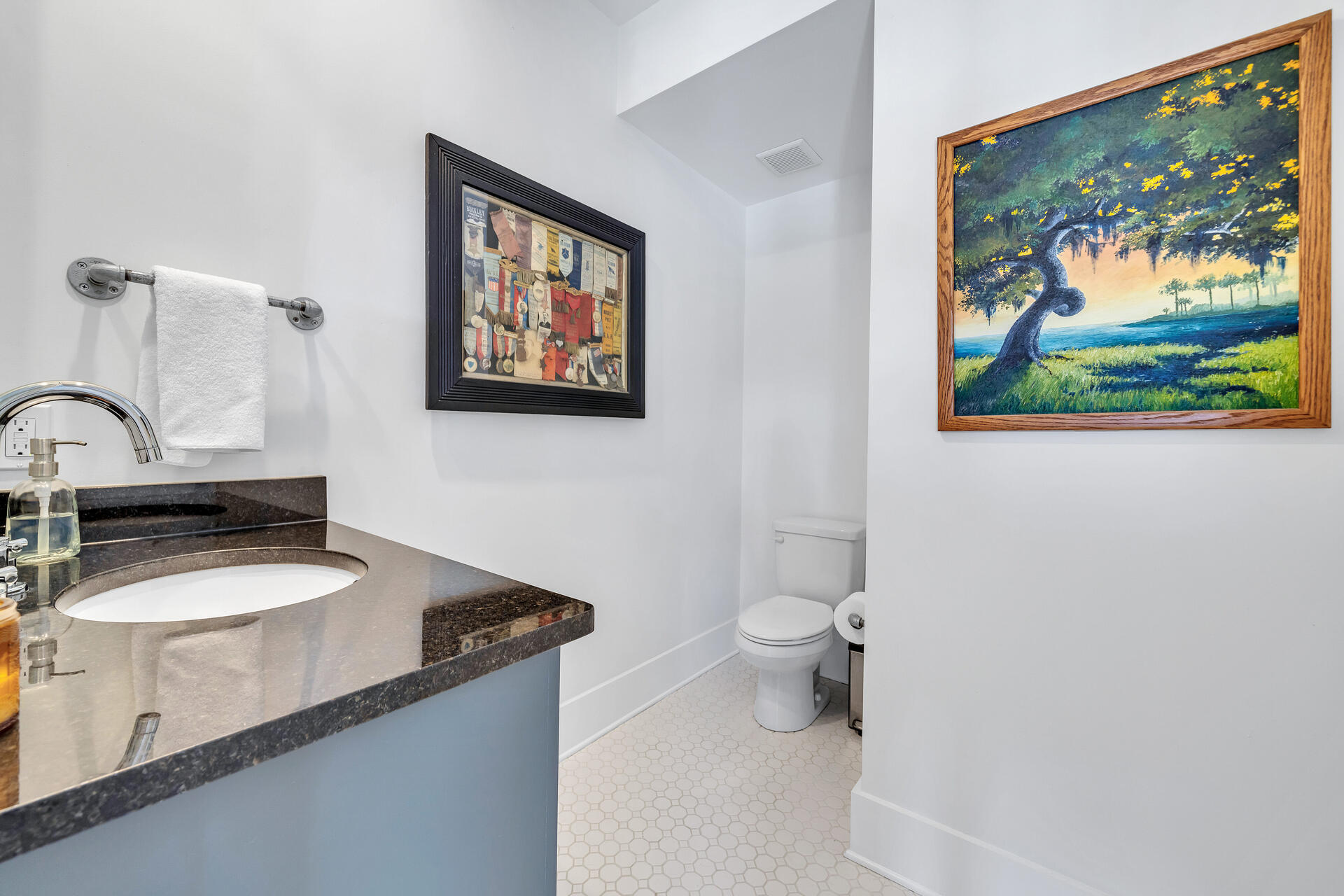 192 Buck Road Santa Rosa Beach, FL 32459 - Photo 28 of 74 a bathroom with a granite countertop sink mirror vanity and toilet