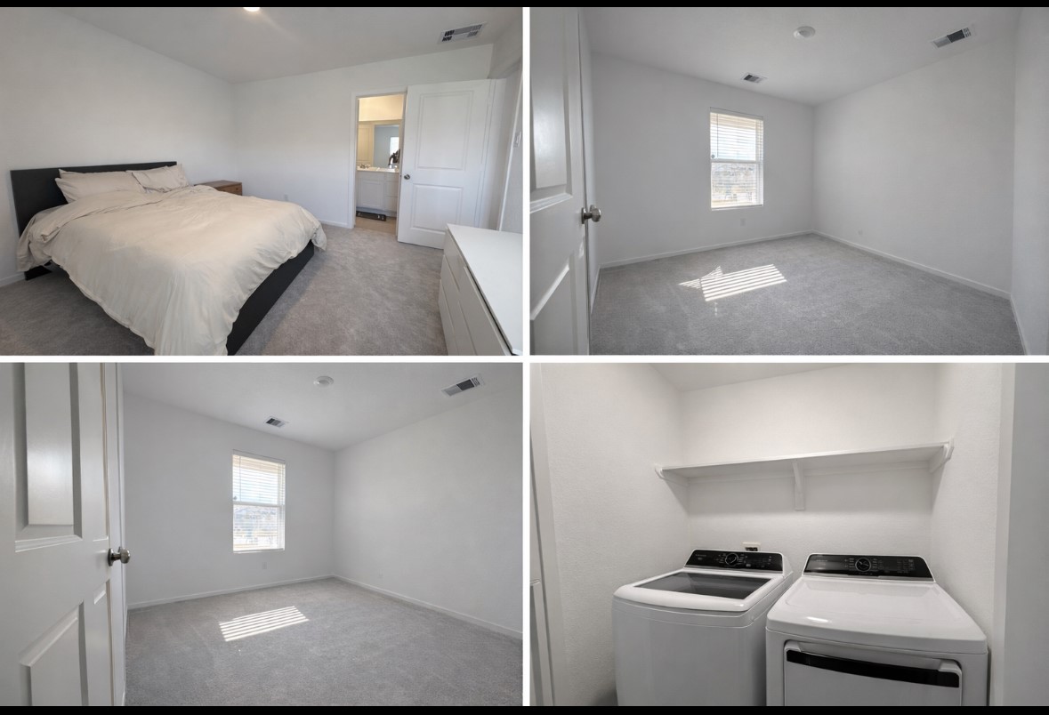 21151 Vercelli Street New Caney, TX 77357 - Photo 12 of 16 This photo showcases a well-lit bedroom with a comfortable bed and ensuite bathroom, a second bright room ideal for an office or guest room, and a convenient laundry area with modern appliances. The spaces feature clean, neutral decor and ample natural light.