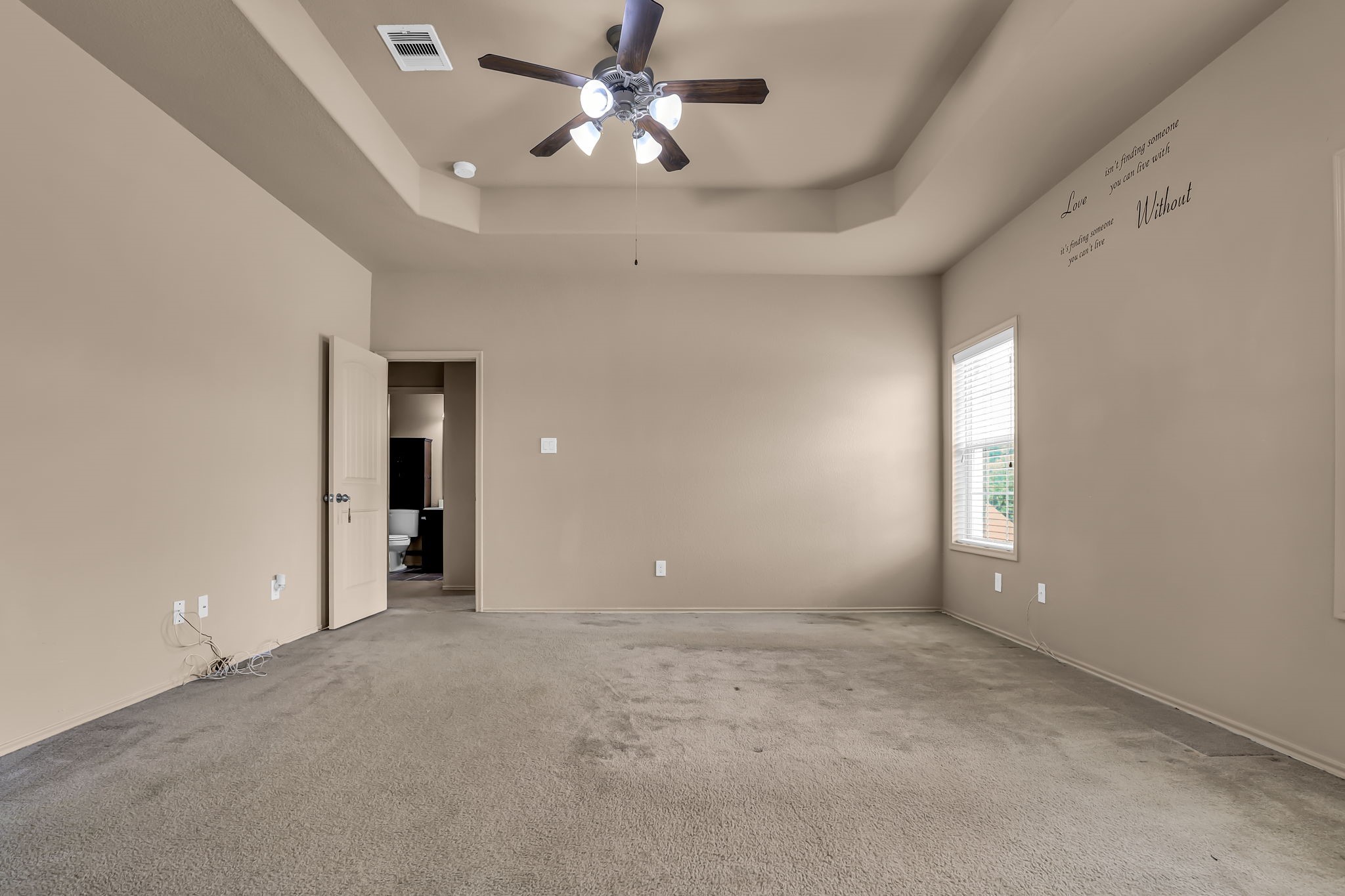 21307 Carleen Creek Trail Spring, TX 77379 - Photo 19 of 25 Primary bedroom features a tray ceiling with a ceiling fan, neutral walls, and carpeting.