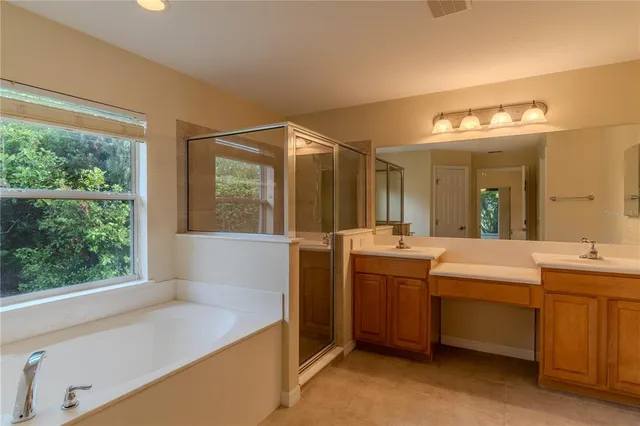 a bathroom with a tub sink and mirror